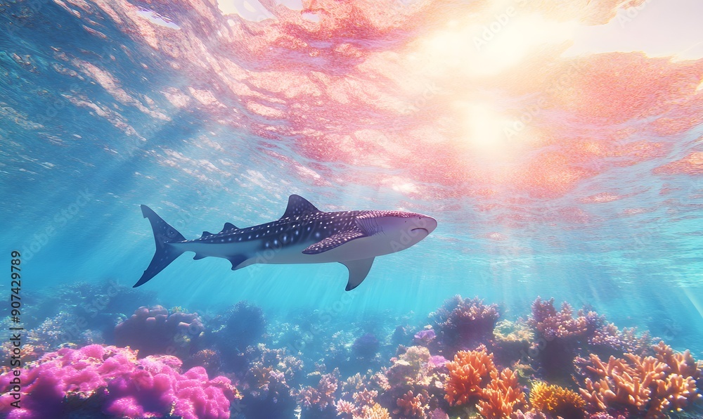 Obraz premium Whale Shark swimming over a tropical coral reef, Generative AI