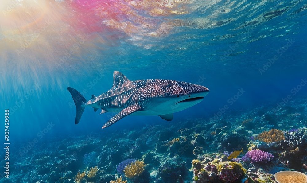 Fototapeta premium Whale Shark swimming over a tropical coral reef, Generative AI