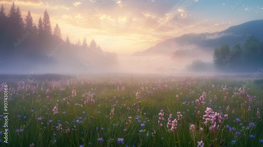 Obraz premium morning mist hovering grassy meadow with soft light dawn illuminating scene