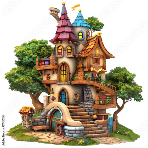 Whimsical School Element Sticker with Fantasy Castle, Colorful Towers, and Bookshelves photo