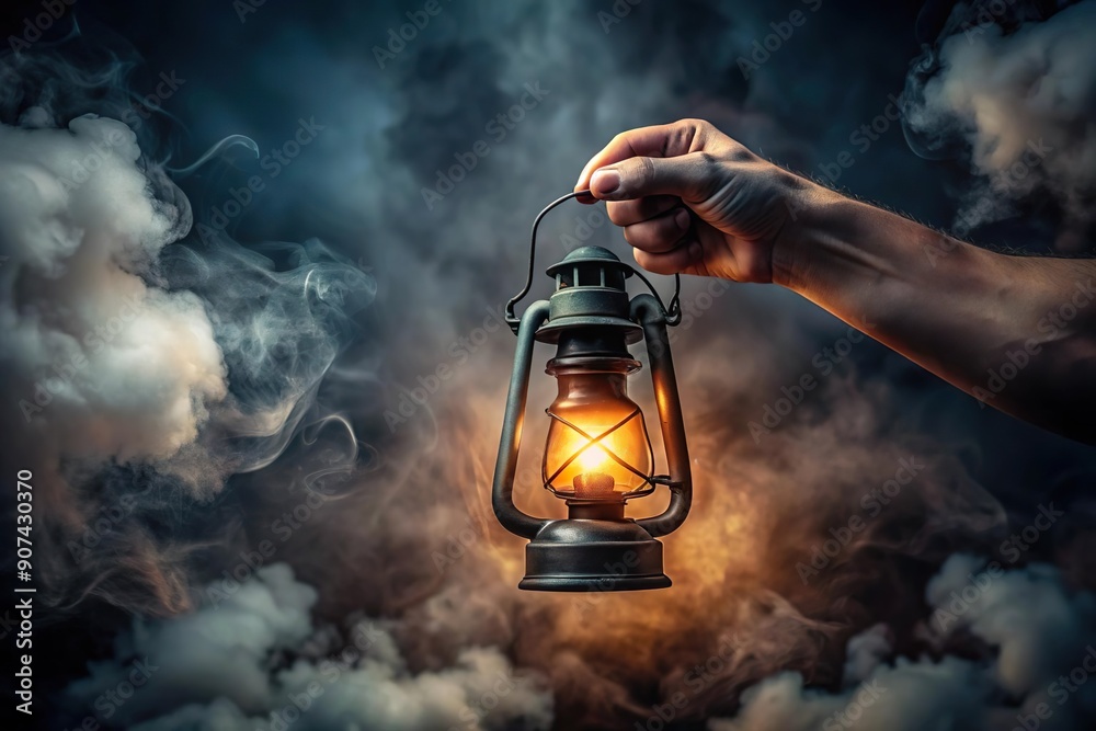 Obraz premium hand hold light lantern on dark spooky background with smoke