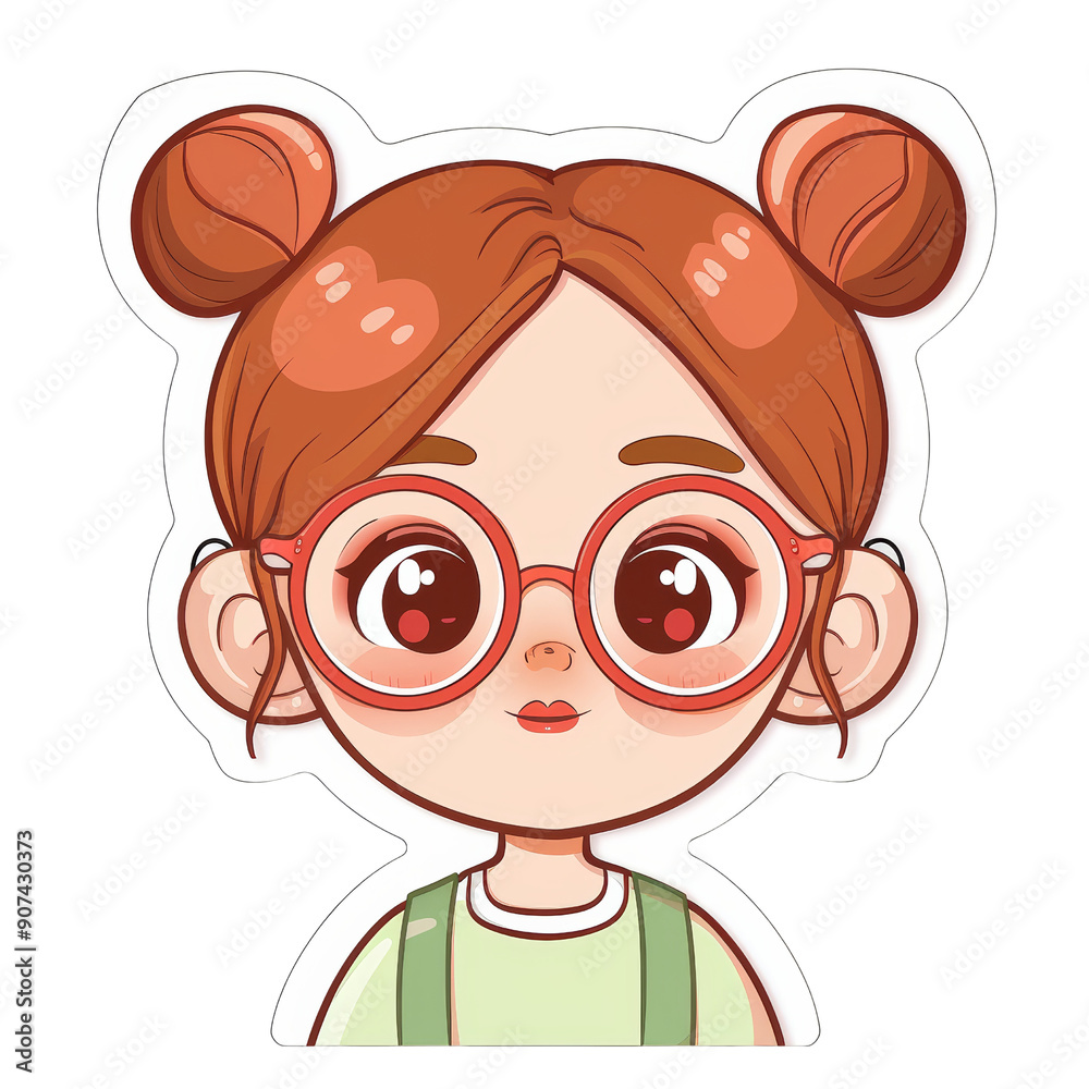 Naklejka premium Cute School Element Sticker of a Girl with Glasses and Red Hair in Cartoon Style for Educational and Decorative Use