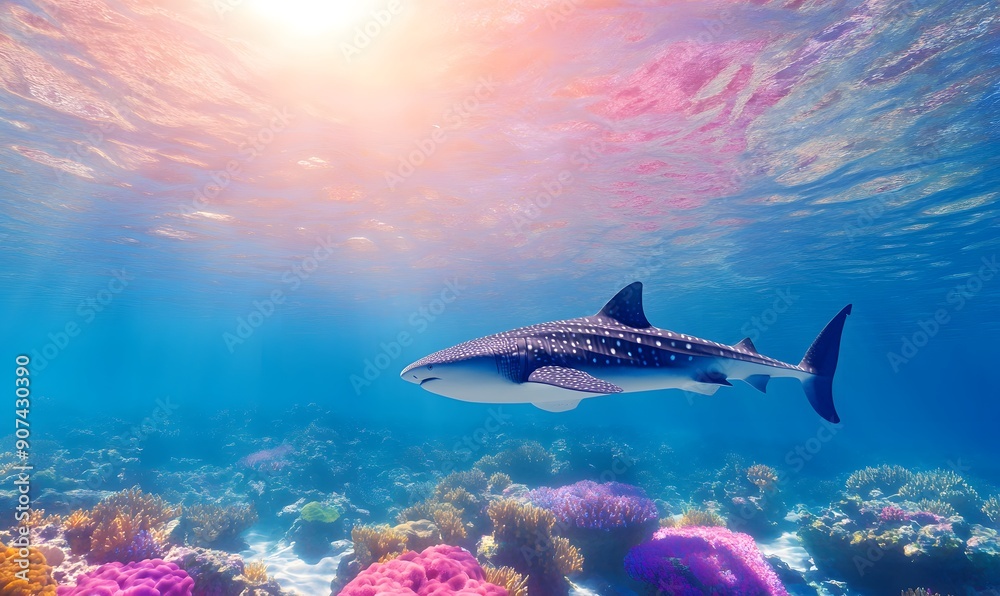 Fototapeta premium Whale Shark swimming over a tropical coral reef, Generative AI