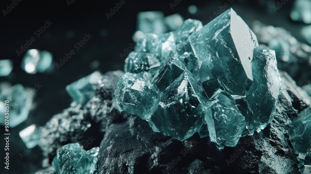 Obraz premium Close up shot detailed aquamarine crystal mineral stone. shiny surface of precious stone mineral crystals in the natural environment