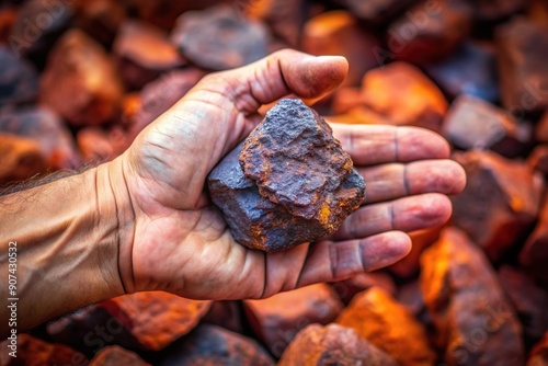 miner hand hold iron ore. Raw iron mineral ore