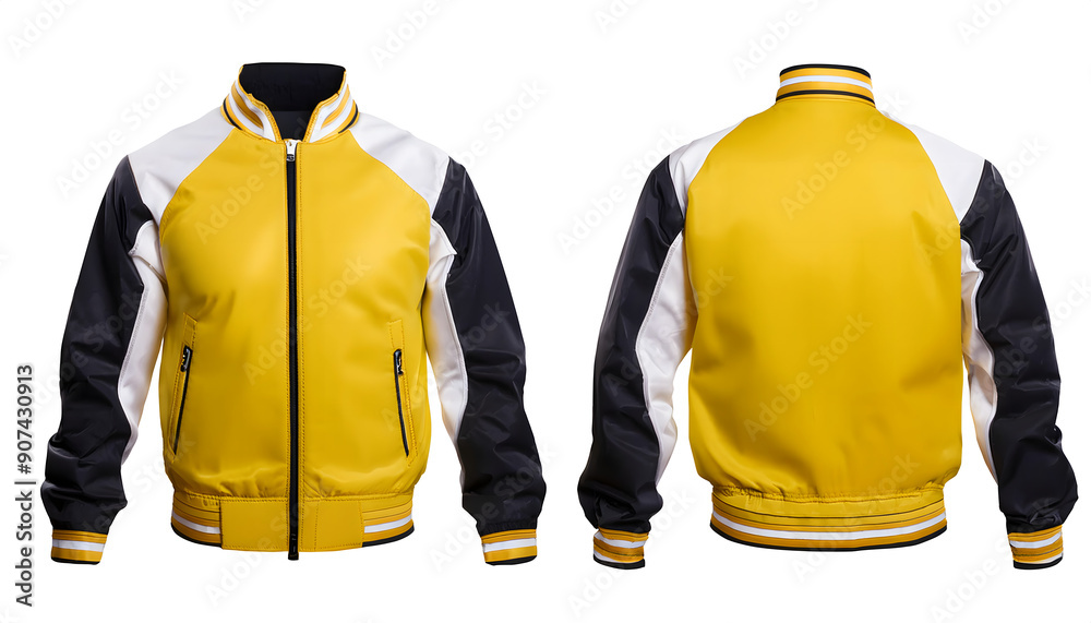 Blank ( yellow AND WHITE) varsity bomber jacket isolated on white background. parachute jacket Blank ( yellow AND WHITE) varsity bomber jacket isolated on white background. parachute jacket