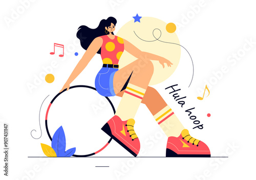 Hula Hoop Vector Illustration with People Exercising and Playing Hula Hoops, Engaged in Fitness Training Activities in a Flat Style Cartoon Background
