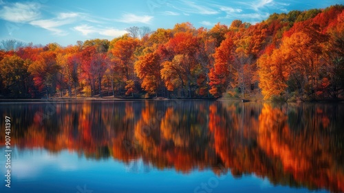 picturesque lake reflecting fiery hues autumn foliage creating stunning panorama leafy season