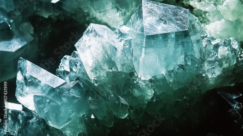 Close up shot detailed aquamarine crystal mineral stone. shiny surface of precious stone mineral crystals in the natural environment photo