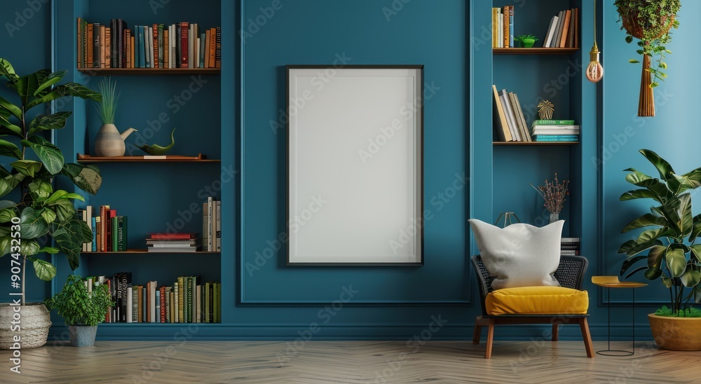 Modern Living Room with Teal Walls and Bookcases