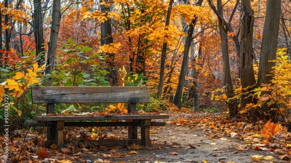 rustic wooden bench nestled amidst trees ablaze with fall colors offering peaceful retreat leafy season rustic wooden bench nestled amidst trees ablaze with fall colors offering peaceful retreat leafy season