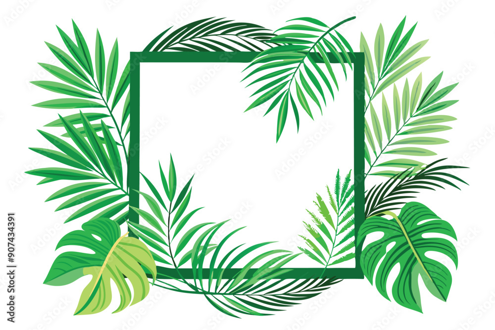 Green Tropical Leaves Surrounding a Square Frame Green Tropical Leaves Surrounding a Square Frame