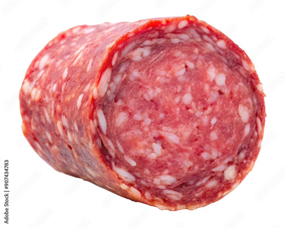 Single piece of salami slice with a close-up view showing the detailed texture of the cured meat. Isolated on transparent background, png.