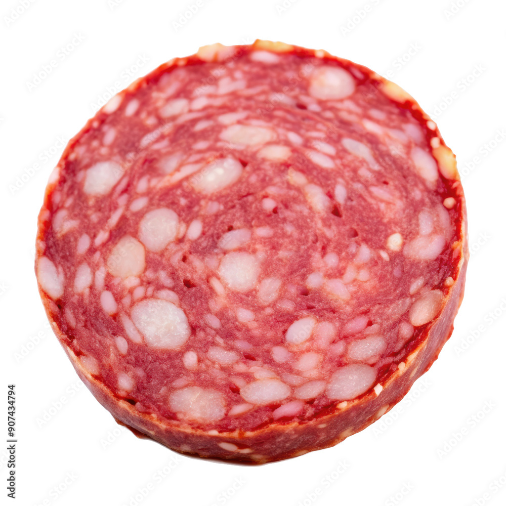 Round slice of salami showing detailed marbling and texture of the cured meat. Isolated on transparent background, png. Round slice of salami showing detailed marbling and texture of the cured meat. Isolated on transparent background, png.