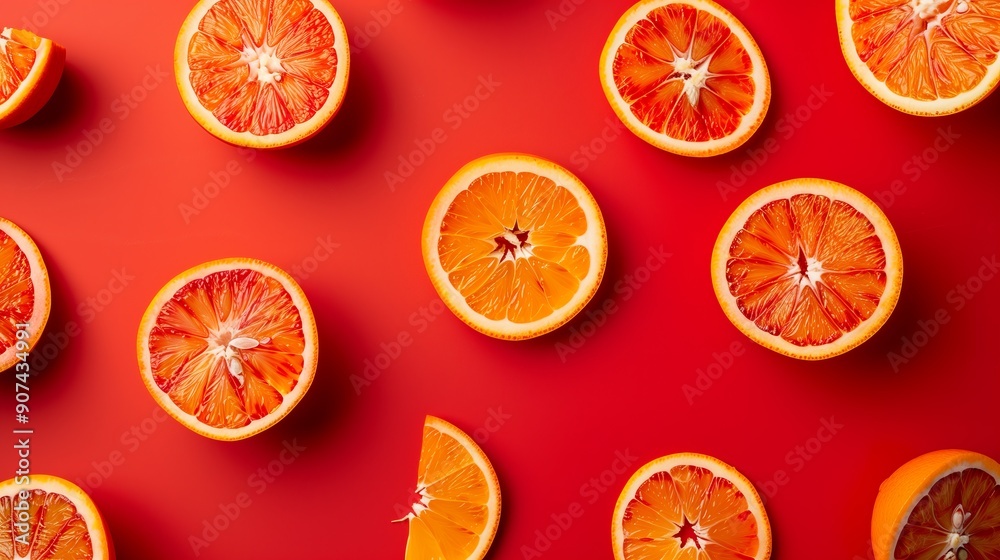 Vibrant orange slices arranged on a bold red backdrop, emphasizing freshness, color contrast, and healthy tropical fruits.