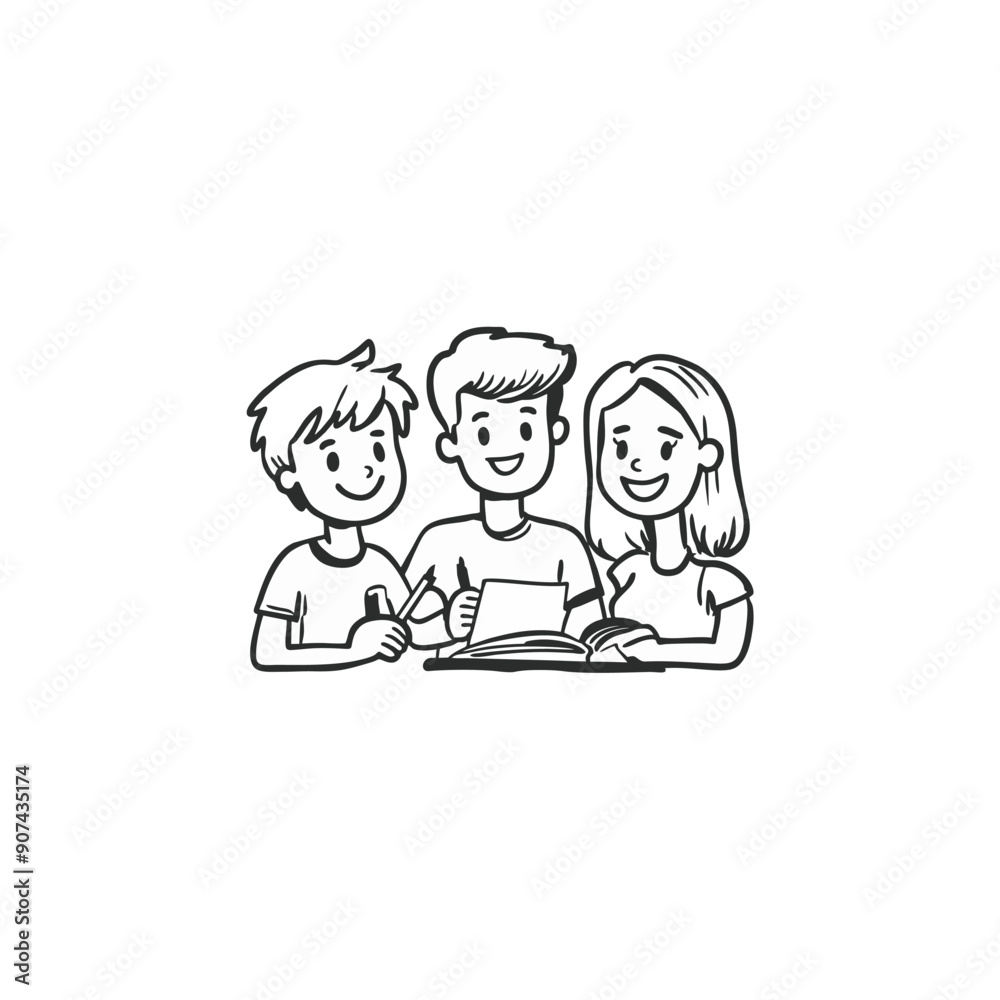 Vector illustration of a group of young people sitting studying with laptops. Vector illustration of a group of young people sitting studying with laptops.