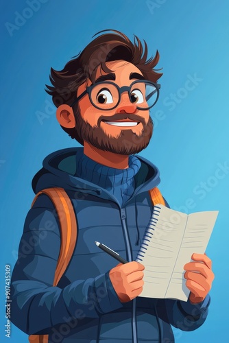 Smiling Young Man with Beard and Glasses Holding Notebook and Pen in Blue Jacket