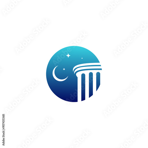 greek roman pillar column logo in circle frame shape decorated with crescent moon and stars in blue color gradation flat vector design concept