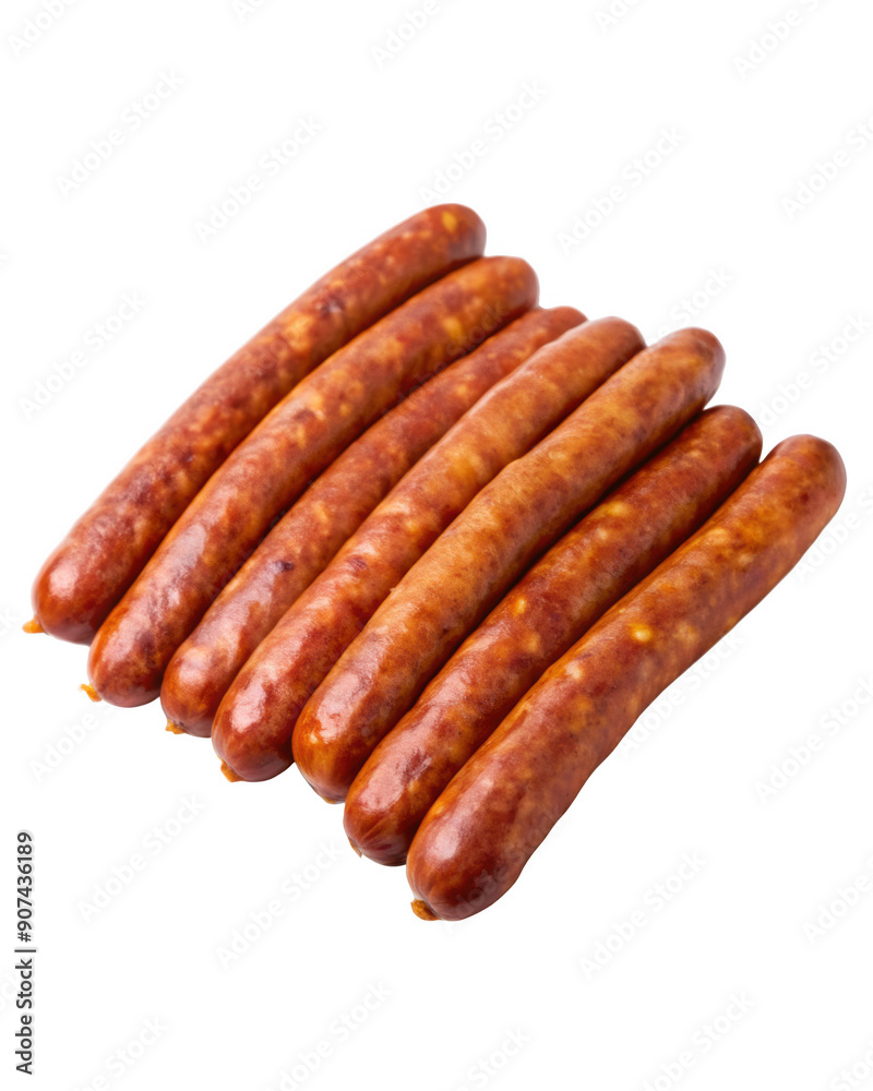 Smoked sausage links arranged in a neat pile, showcasing their glossy, browned surface. Isolated on transparent background, png. Smoked sausage links arranged in a neat pile, showcasing their glossy, browned surface. Isolated on transparent background, png.
