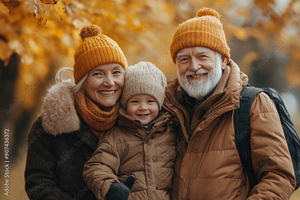 Fototapeta premium Happy Grandparents and Grandchild in Autumn Park Wearing Warm Clothing and Smiling