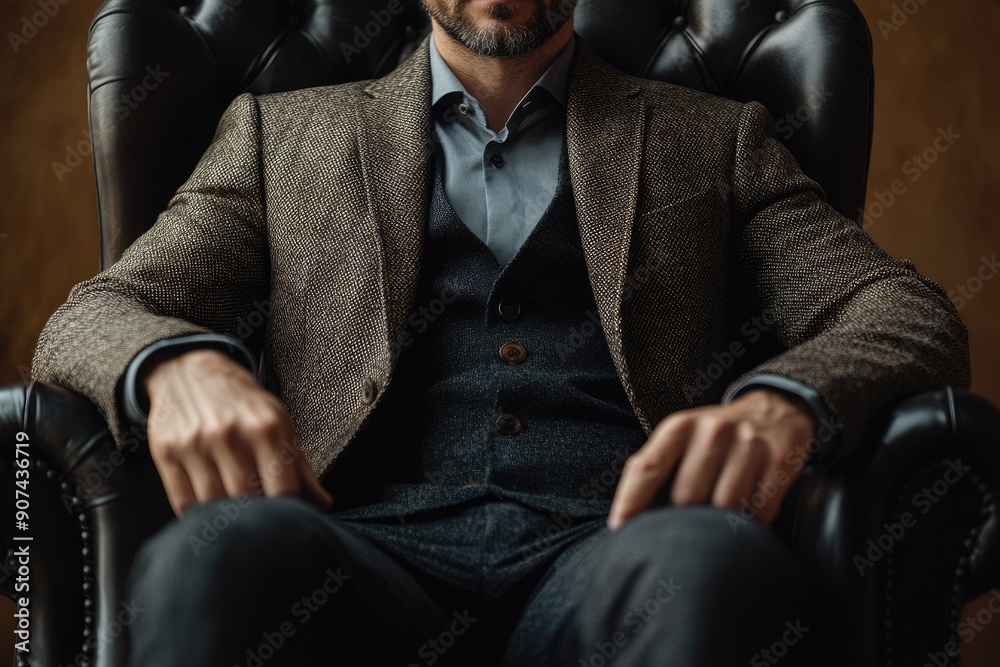 Confident Man in Tweed Jacket Sitting in Black Leather Armchair Confident Man in Tweed Jacket Sitting in Black Leather Armchair