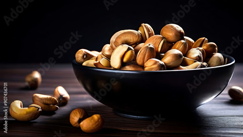 Cashews in a bowl and Wooden Table with Black Bowl and Dark Wooden Wall Background: Nutty Snack Photography for Food and Culinary Themes. photo