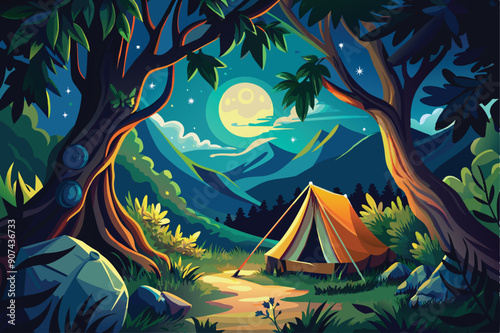 A lone tent nestled in a moonlit forest clearing