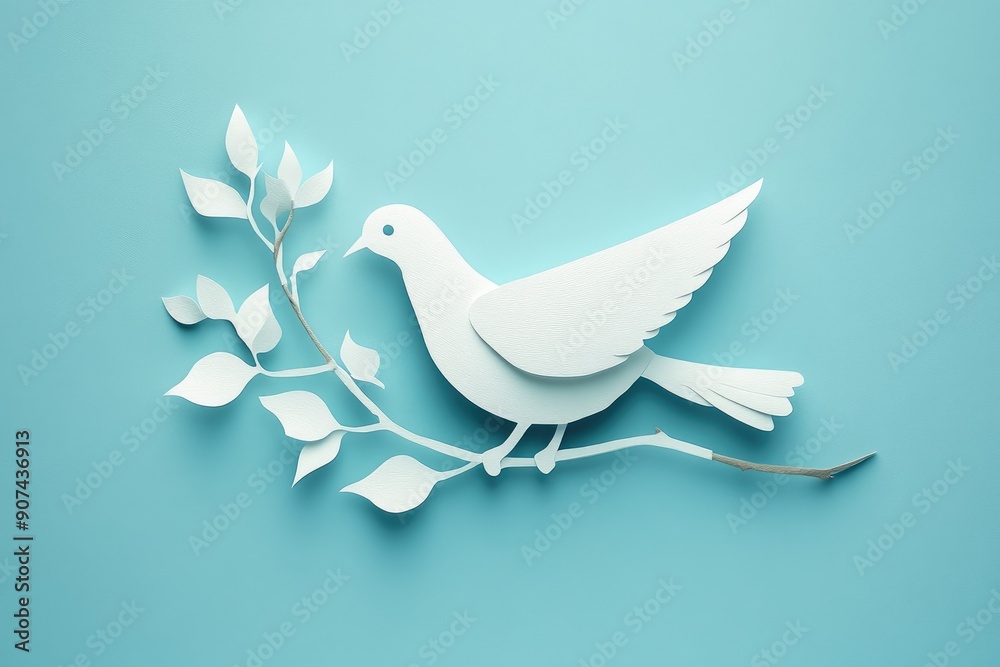 Paper Cut-Out Dove on Branch Against Light Blue Background - Minimalist Nature Art Paper Cut-Out Dove on Branch Against Light Blue Background - Minimalist Nature Art