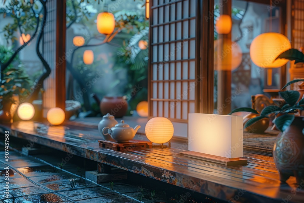 Tranquil Japanese Tea Room with Warm Lighting. Tranquil Japanese Tea Room with Warm Lighting.