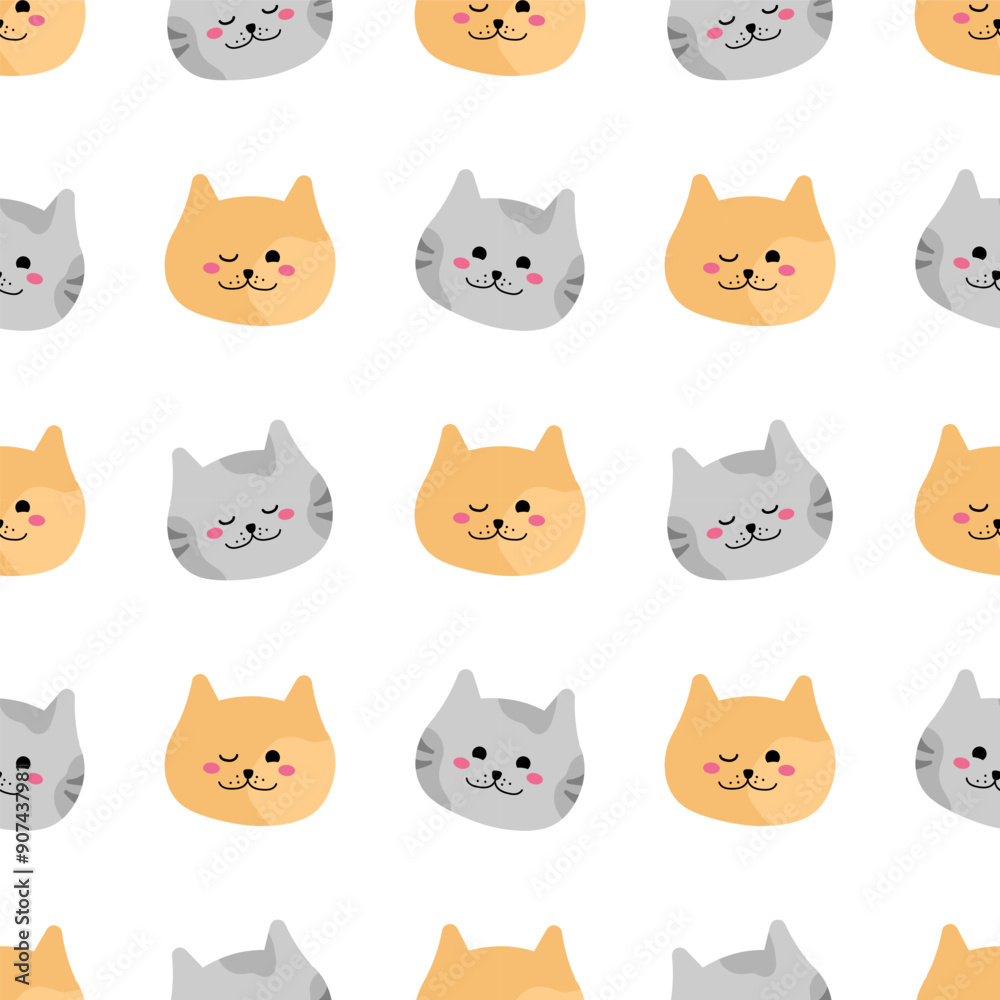 Seamless cute pattern with gray and ginger cats heads. Kids pattern isolated on changeable white background for printing on wrapper paper, fabric. Flat style ornament in square format. Nice animals. Seamless cute pattern with gray and ginger cats heads. Kids pattern isolated on changeable white background for printing on wrapper paper, fabric. Flat style ornament in square format. Nice animals.