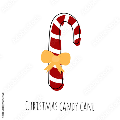 Hand drawn red and white striped colorful Christmas candy cane with yellow bow in flat style. Clip-art isolated on white background. Christmas candy element. Candy for Christmas design.