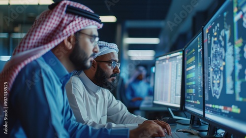 Young Saudi software engineers collaborating on a desktop computer, analyzing code in a high-tech industrial office