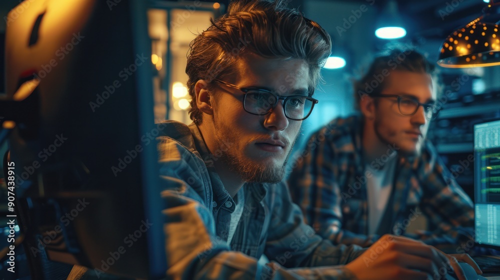 Two young software engineers using a desktop computer to develop a technological project in a high-tech industrial office. Two young software engineers using a desktop computer to develop a technological project in a high-tech industrial office.