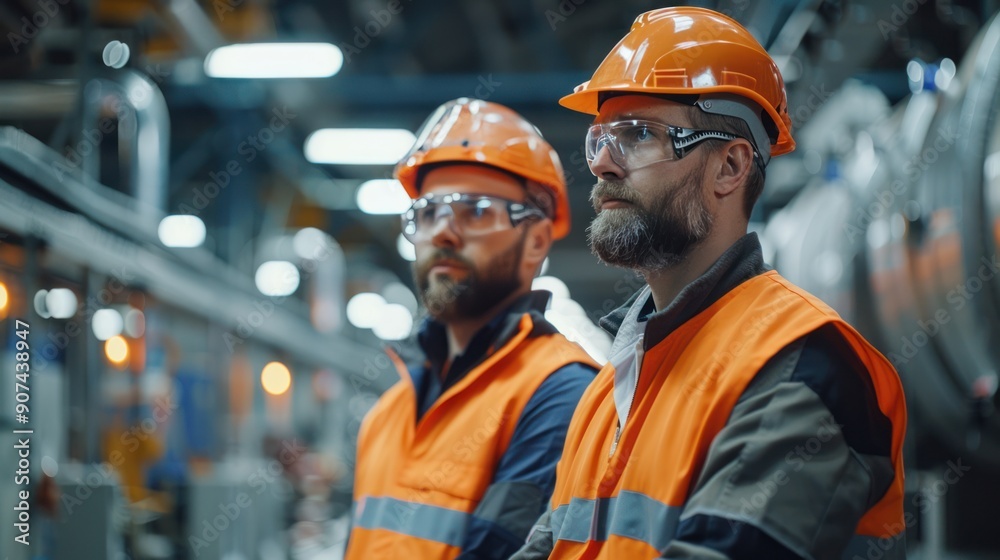 Two young male automation engineers in safety gear, discussing the operation of robotic machinery in a high-tech modern factory. Two young male automation engineers in safety gear, discussing the operation of robotic machinery in a high-tech modern factory.
