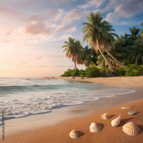 A serene tropical beach at sunrise, with soft pastel colors painting the sky, gentle waves lapping at the shore, palm trees swaying inthe light morning breeze, and seashells photo