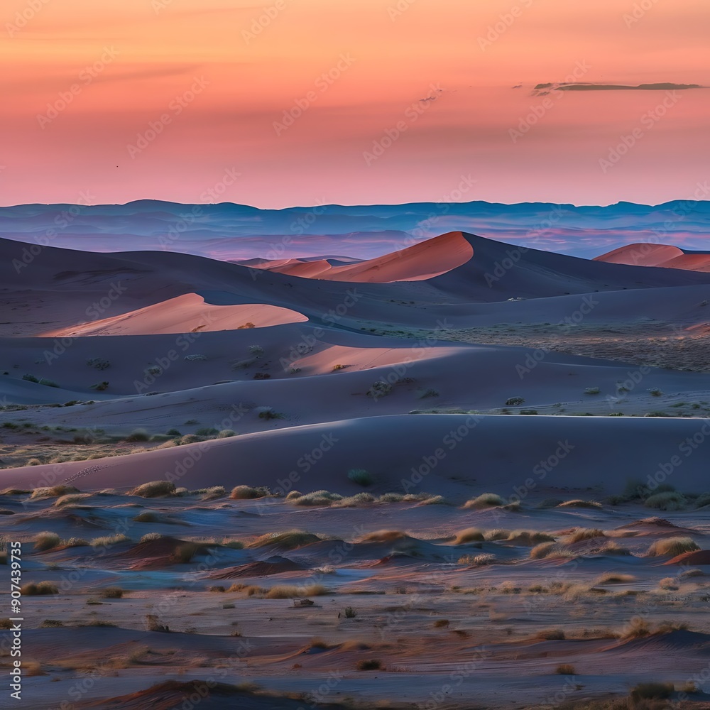 Obraz premium A vast desert at sunset, with rolling dunes casting long shadows and bathed in warm hues of orange and pink, sparse vegetationdotting the landscape, and a distant, colorful horizon blending 