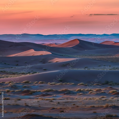 A vast desert at sunset, with rolling dunes casting long shadows and bathed in warm hues of orange and pink, sparse vegetationdotting the landscape, and a distant, colorful horizon blending 