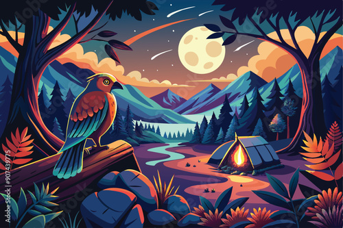 A bird perched on a log overlooking a moonlit forest campsite