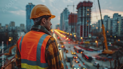 Engineer with safety helmet and reflective vest, supervising workers on a busy construction site