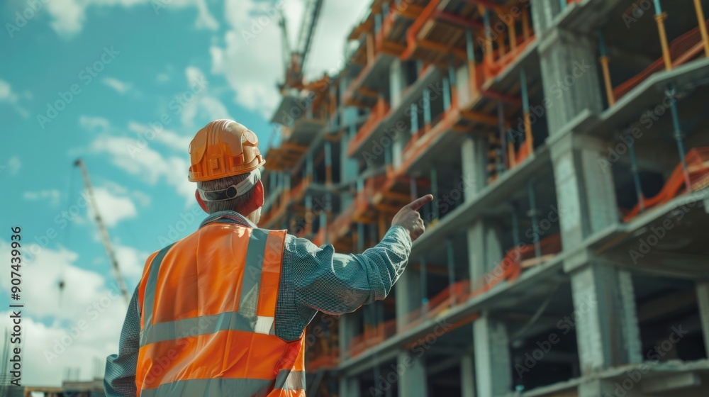 Engineer wearing a reflective vest and safety helmet, pointing towards a new building under construction Engineer wearing a reflective vest and safety helmet, pointing towards a new building under construction