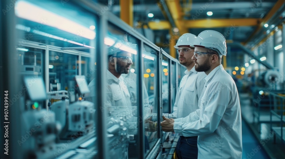Engineers discussing software updates for factory automation systems, surrounded by high-tech machinery Engineers discussing software updates for factory automation systems, surrounded by high-tech machinery