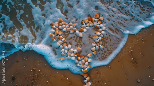 topdown shot seashells forming heart shape beach with ocean waves background photo