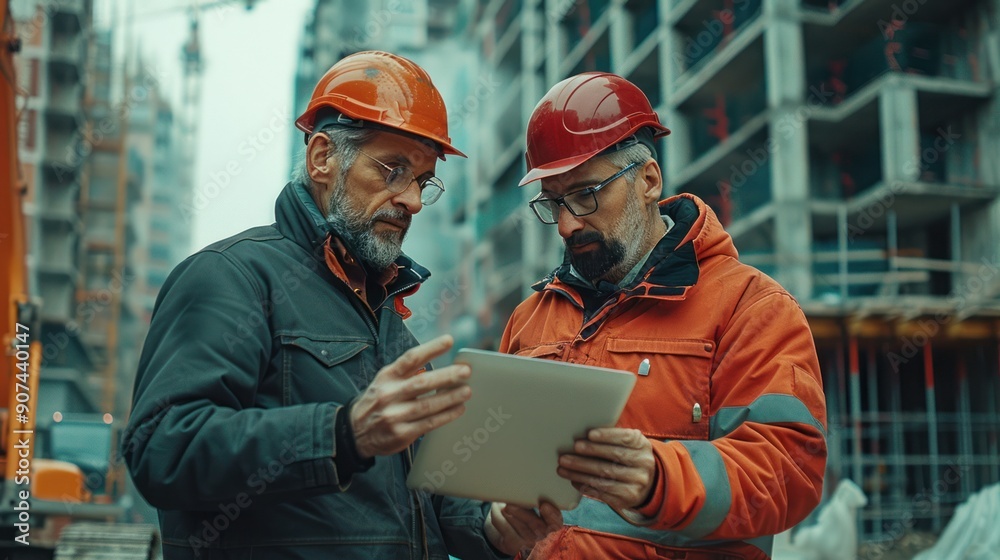 Engineering manager and foreman checking project schedules on a notebook computer, standing in a construction zone, both wearing safety equipment Engineering manager and foreman checking project schedules on a notebook computer, standing in a construction zone, both wearing safety equipment
