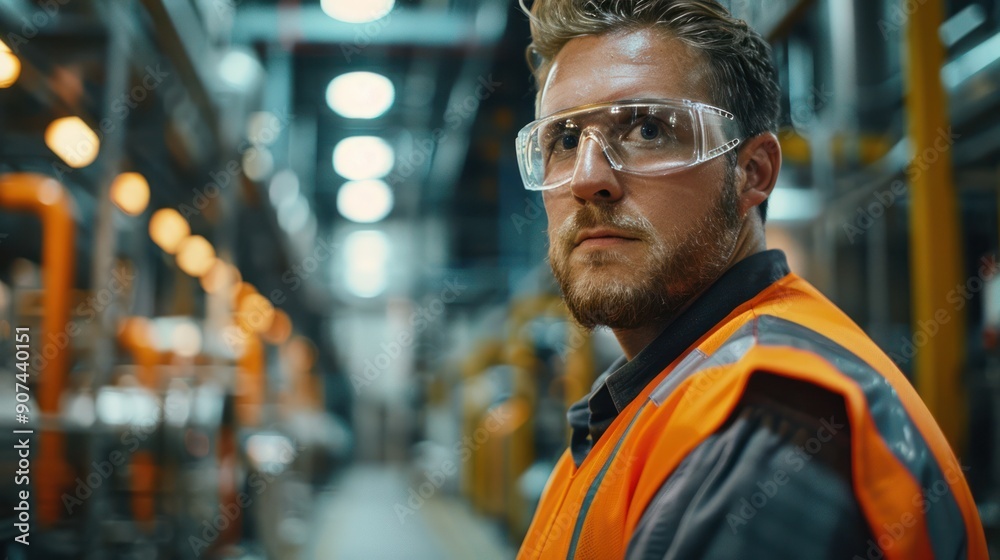 Engineer in a reflective vest and safety glasses, conducting a safety inspection at a manufacturing plant.