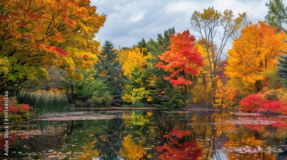 tranquil pond surrounded by trees ablaze with fall colors offering reflective oasis leafy season tranquil pond surrounded by trees ablaze with fall colors offering reflective oasis leafy season