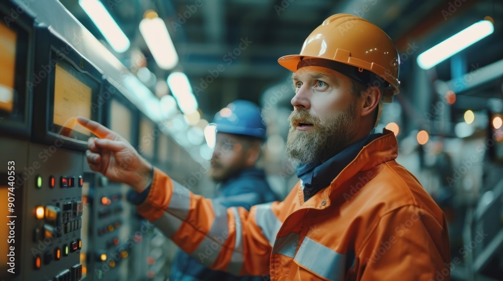Automation engineer pointing at a control panel while talking to a colleague in a bustling factory Automation engineer pointing at a control panel while talking to a colleague in a bustling factory