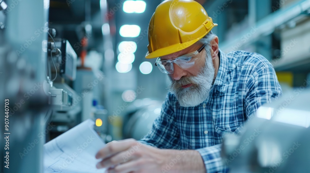 Automation engineer and colleague examining blueprints and discussing enhancements beside industrial equipment. Automation engineer and colleague examining blueprints and discussing enhancements beside industrial equipment.