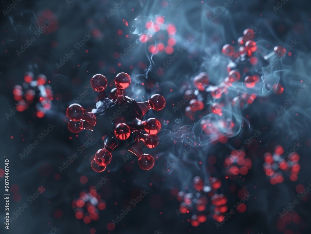 Abstract depiction of red molecular structures, surrounded by mist, showcasing the intricacies of atomic relationships. Abstract depiction of red molecular structures, surrounded by mist, showcasing the intricacies of atomic relationships.