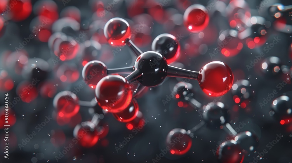 Abstract image of molecular structure with red and black atoms representing chemical compounds and scientific concepts. Abstract image of molecular structure with red and black atoms representing chemical compounds and scientific concepts.