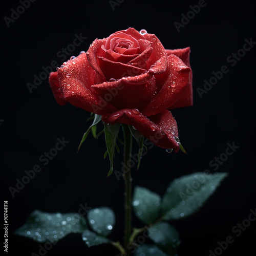 Fresh red rose flower in a black background